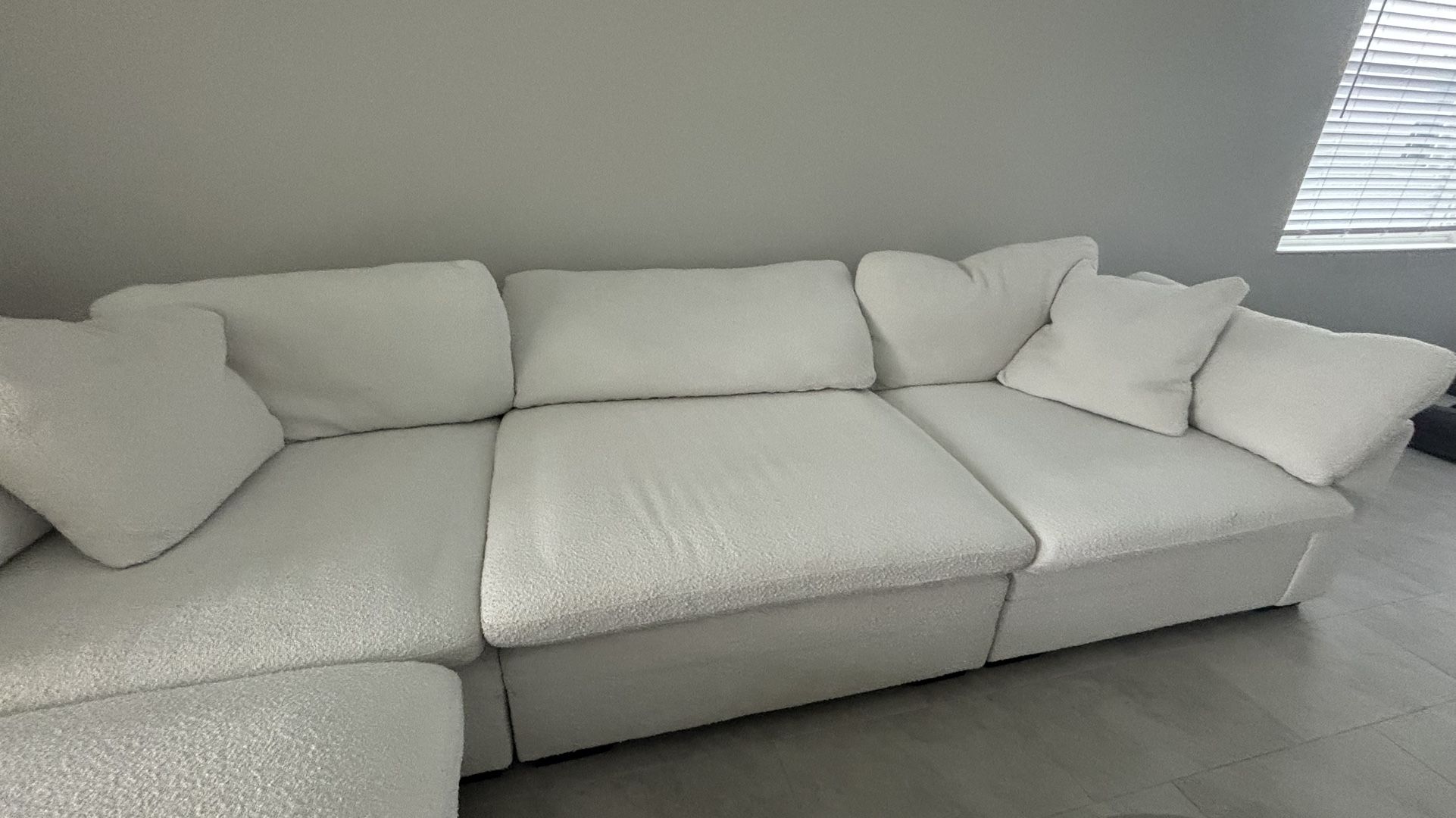 White Bouclé Sectional Sofa + Oversized Ottoman – American Signature 