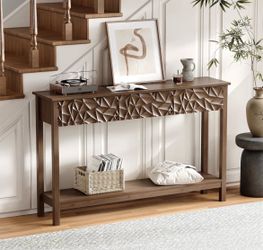 51 Inch Modern Console Table Farmhouse Entryway Table with 3 Drawers Narrow Wood Entry Way Table with Open Storage Shelf Long Sofa Table Behind Couch
