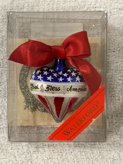 Waterford Holiday Heirlooms MINI God Bless America Heart Blown Glass Pin Ornament Germany #476 BOX