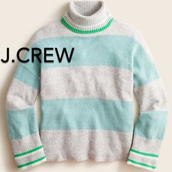 (NEW) (1 AVAILABLE) WOMEN’S J.CREW HEATHER SILVER MINT STRIPED TURTLENECK SWEATER IN SUPERSOFT YARN IN RELAXED FIT - SIZE: SMALL (MSRP: $118)