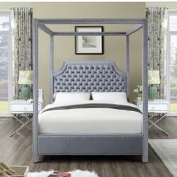 New KING Size Grey Velvet Canopy Platform Bed Frame