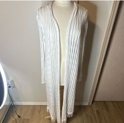 Scandal White Open Front Open Knit Cardigan Sweater Fringe Hem Italy Viscose