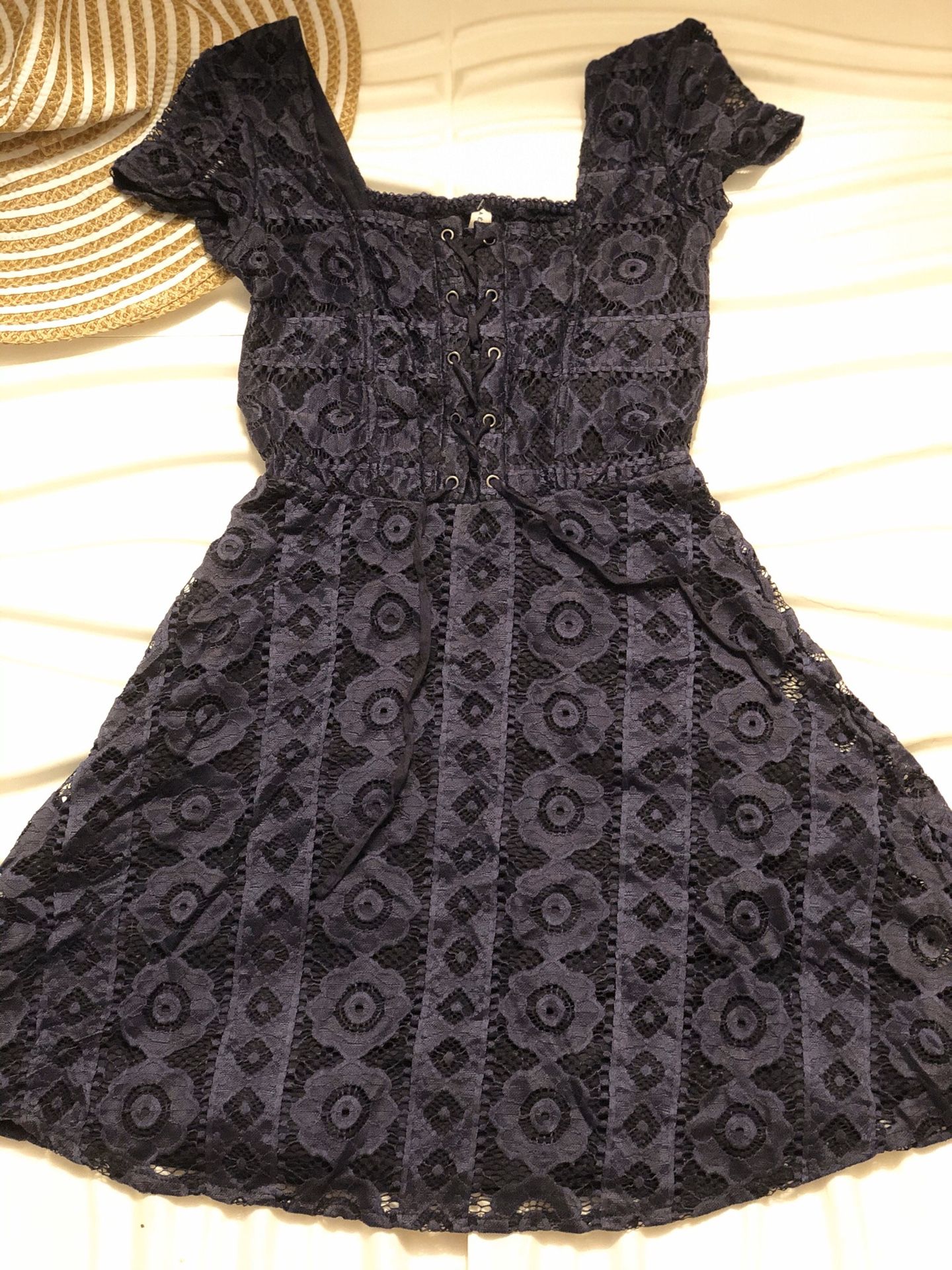 Embroidered Ruffle Dress, Blue with corset detail, Size XS, $30