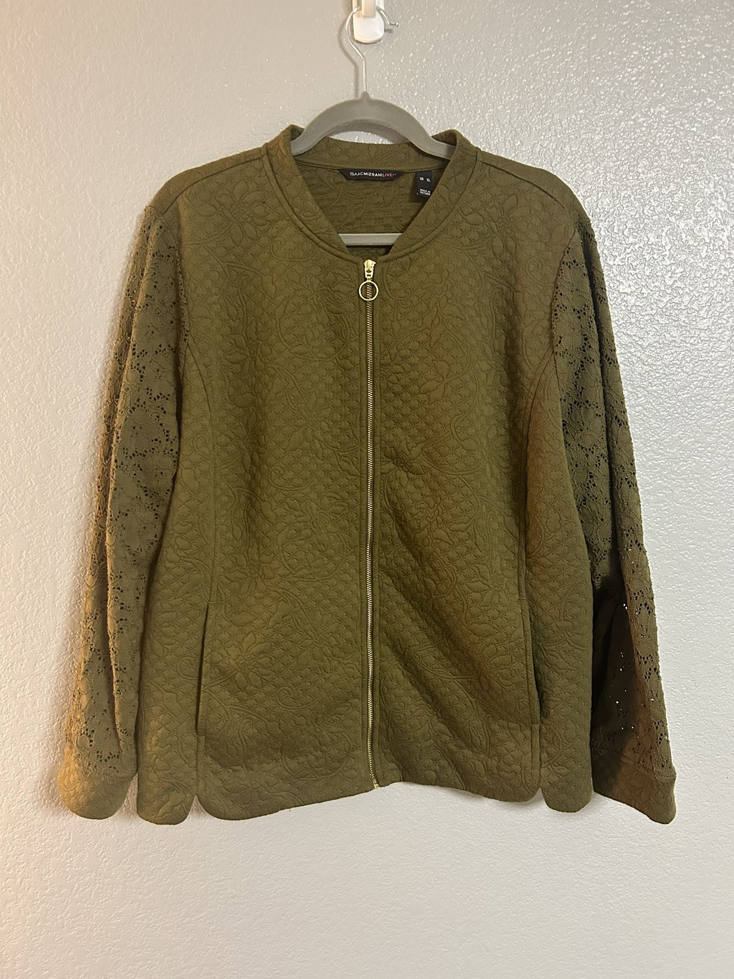 Isaac Mizrahi Quilted lace Olive green zip up Bomber Jacket sweater Size XL
