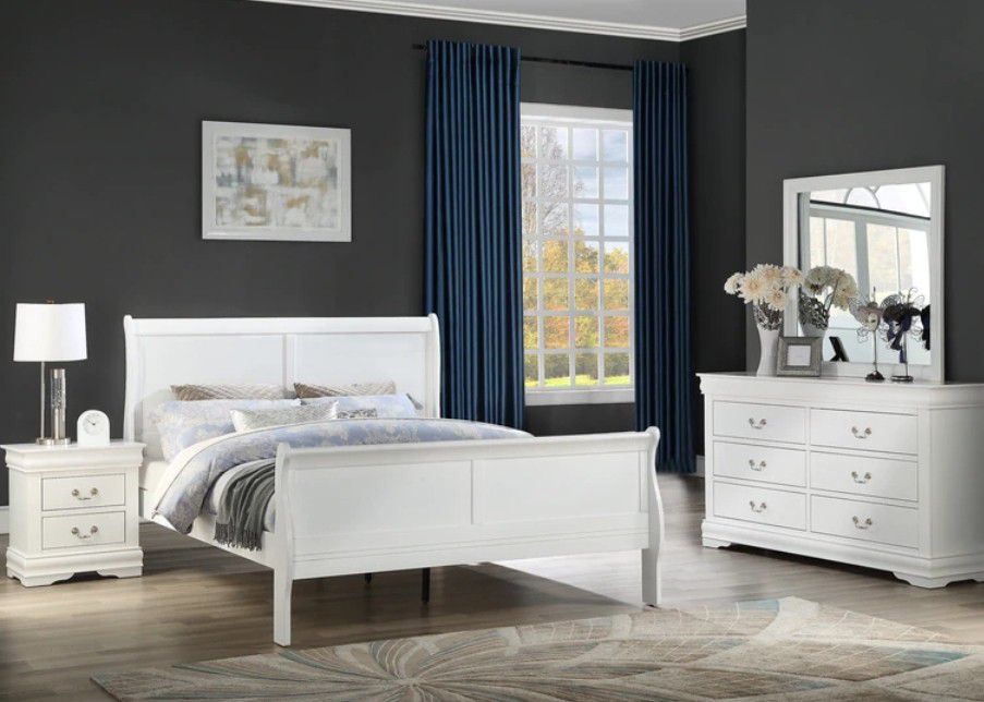 🛻 Free Delivery &Louis Philip White Sleigh Bedroom Set [HOT DEAL] (Bed, Dresser and Mirror) 