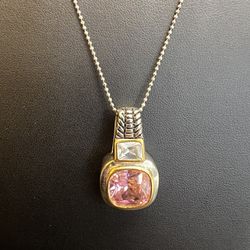 Vintage 2-tone Twisted Cable  Design Pink Cubic Zirconia Pendant