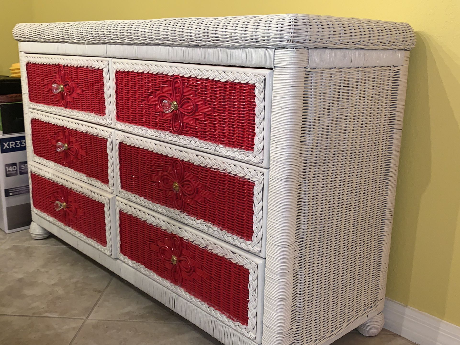 Painted Rattan-solid wood interior drawers .