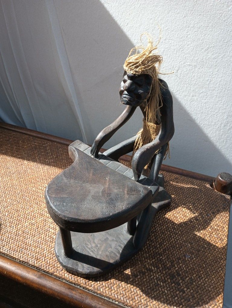 Wooden Primitive Tribal Statue Playing Piano Sculpture Tiki Figurine 