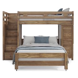 (negotiable Price)Wood Bunk Bed With Queen Size Bed Frame In Great Condition And Comes With Desk And Drawers For People All Ages.