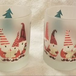 Set of 2 Frosted Culver Christmas Tree Elves Gnomes Bar Old Fashioned Glasses
