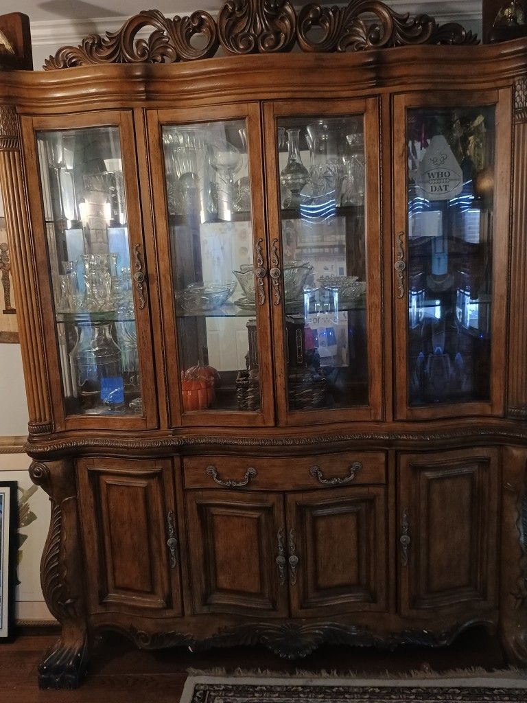Solid Wooden Carved Two Piece China Cabinet And Buffet