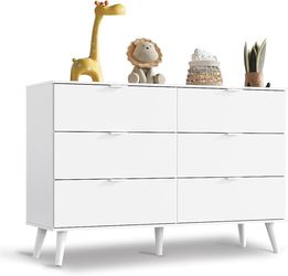 6 Drawer Dresser for Bedroom, 47.24'' Wide Wood Dresser, White Dresser Storage Organizer with Sturdy Metal Handle, TV Stand for 55 inch TV, Chest of D