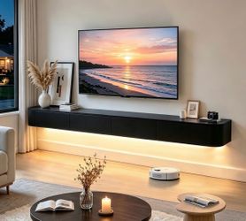 63”86”Floating TV Stand with LED with Drawers Flip-Down Doors, Round Corner, Black