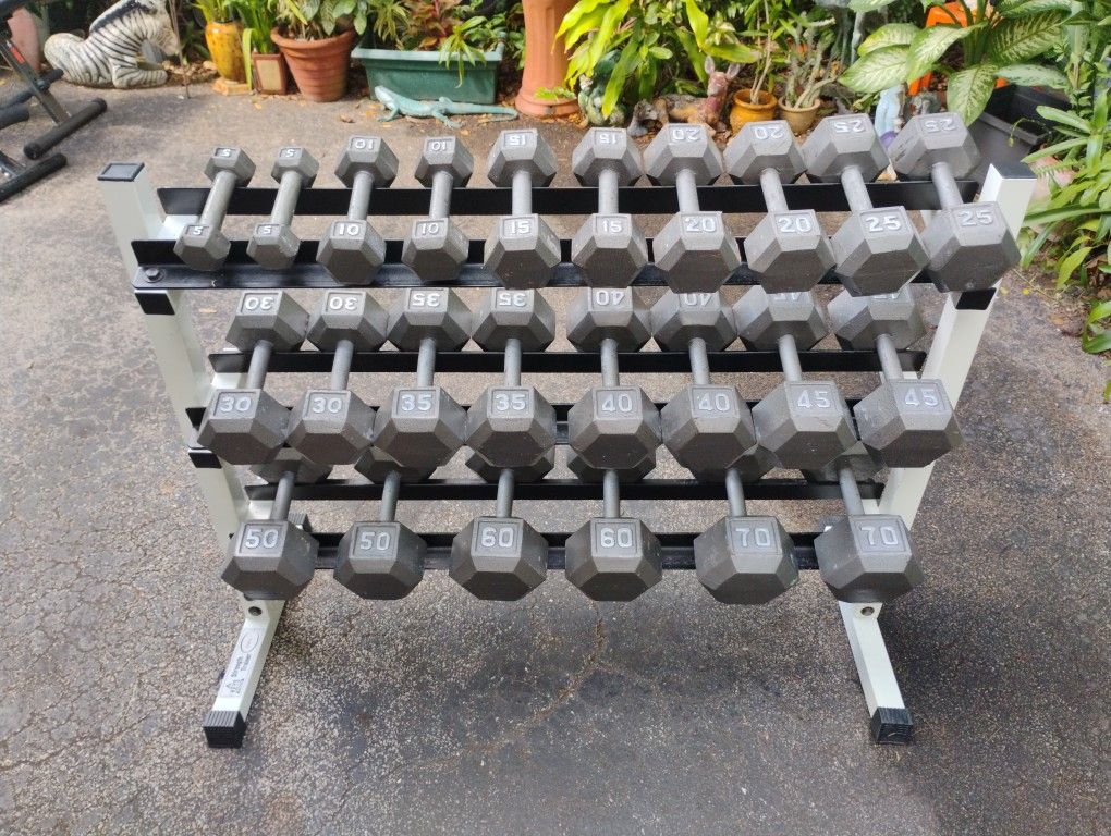 FULL SET OF MATCHING  DUMBBELLS WITH HEAVY DUTY BIG  KEYS  :  3 TIER DUMBBELL  RACK (PAIRS OF)  :  5s  10s 15s  20s  25s  30s  35s 40s 45s 50s 60s 70s