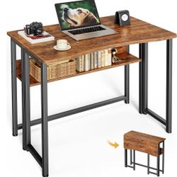 Huuger Folding Desk with Storage Shelf, 31.5 Inch Foldable Computer Table for Small Spaces, Space Saving Sofa Table for Couch, Writing Work Office Com