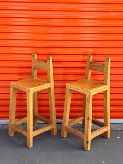 Vintage Mexican Rustic Pine Bar Stools - Set of 2