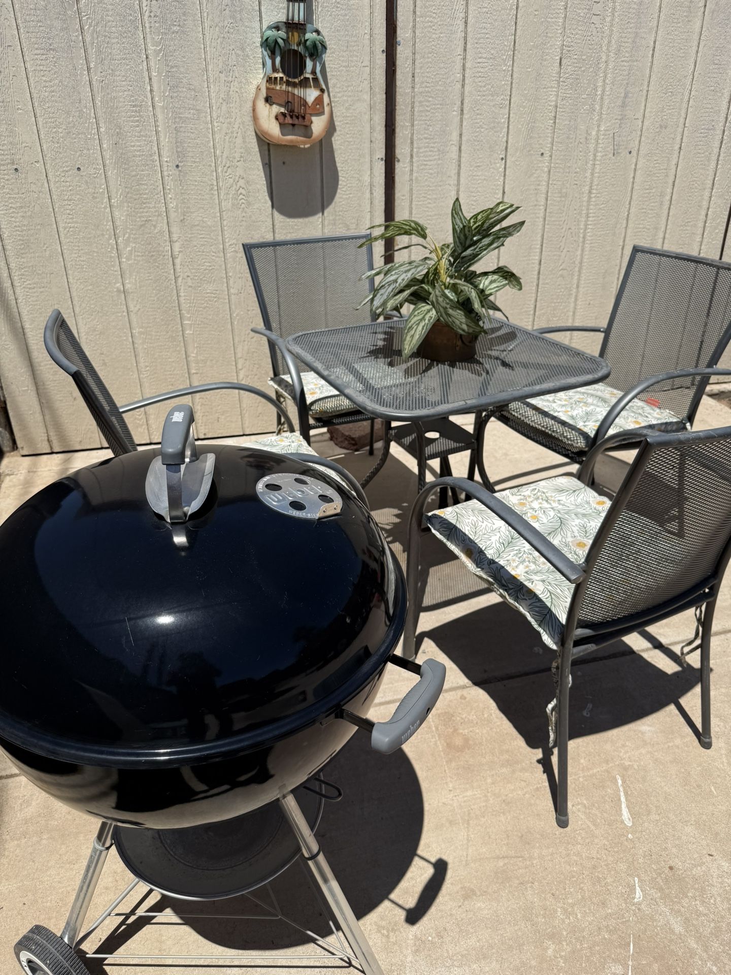 Metal Patio Table with 4 Chairs 1 Side Table and Weber Grill