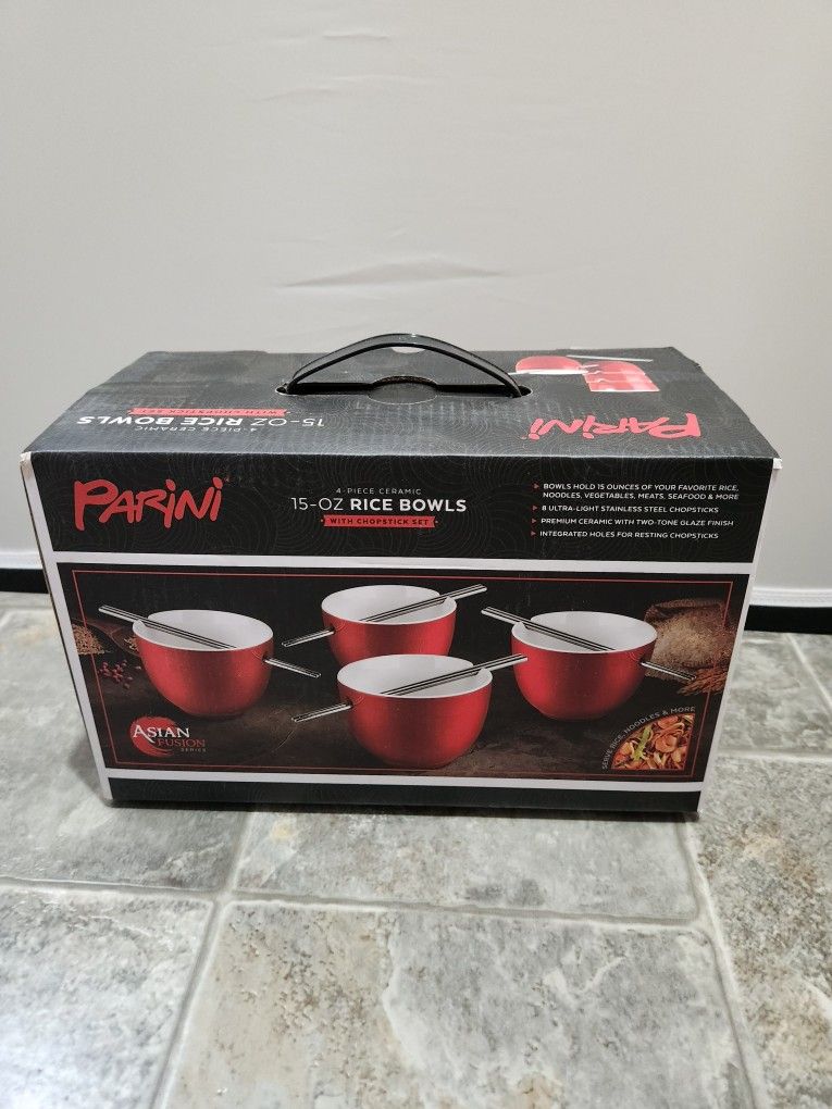 Parini 4-Piece Ceramic 15 oz Rice Bowl Set + Chopsticks – Brand New in Box