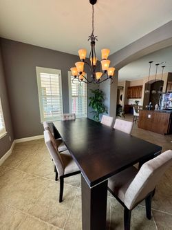 Modern Espresso Dining Table with 6 Upholstered Microsuede Chairs