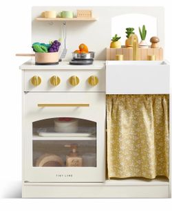 New! Tiny Land Wooden Play Kitchen for Toddlers, Compact Cream Pretend Play Set Cutting Food & Stainless Steel Cookware, Oven, Stove, Sink, Clicking K