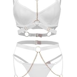 MEDIUM WHITE   Sexy O Ring Chain Strappy Push Up Choker Garter Belt Outfits Lingerie Set 3 Piece