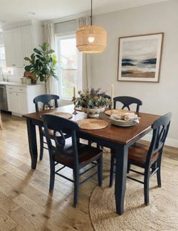 Dinning Set Table 4 Chairs Two-Toned Blue & Cherry Wood Stain