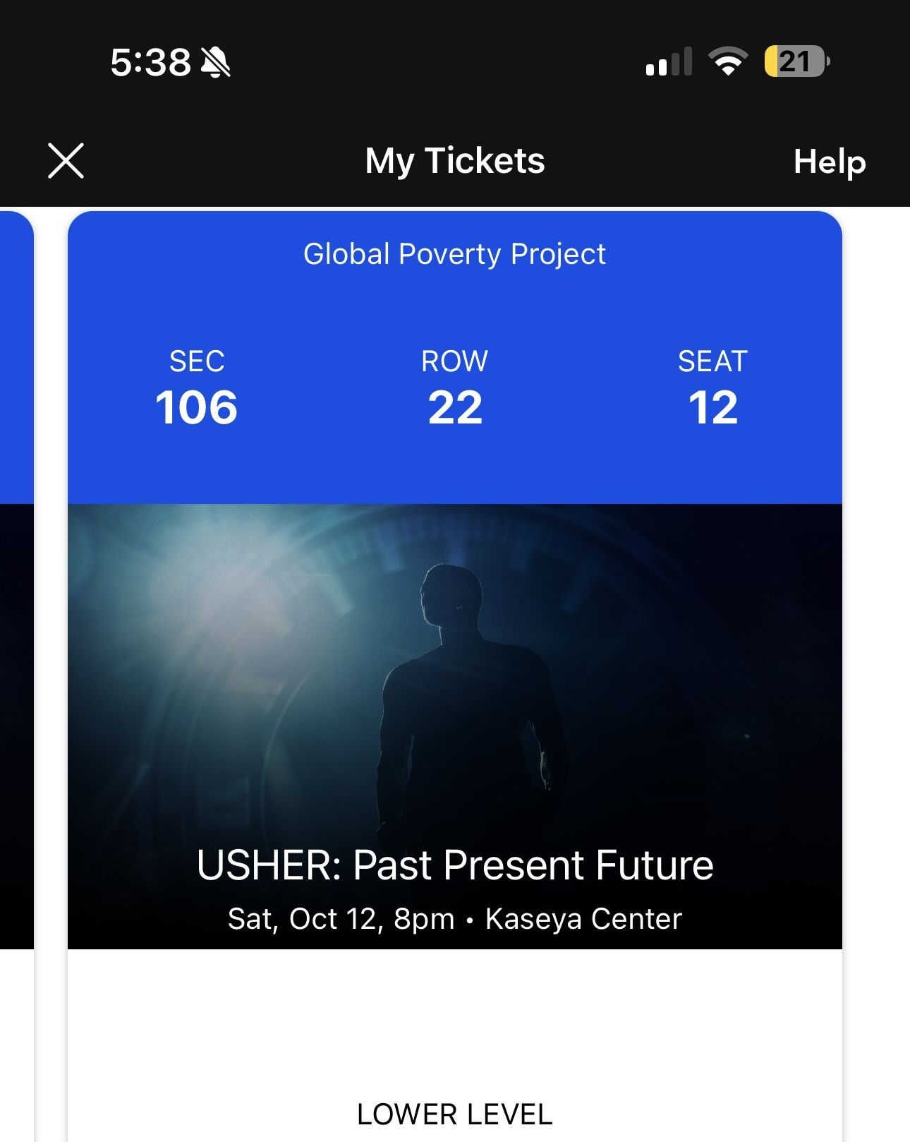 Usher Tickets 2 Section 106 Row 22 Seat 11,12