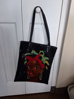 Black Sequin Tote Bag with Woman Design