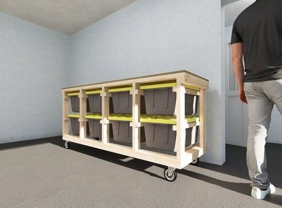 Work Bench With Storage. Work Table. Carpenters Table With Totes Bins Organization