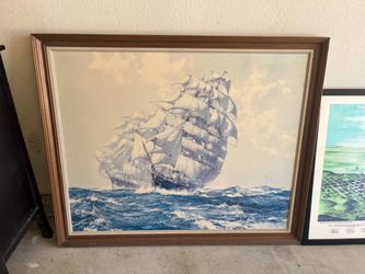 Vintage Clipper Ship Ocean Print in Wood Frame