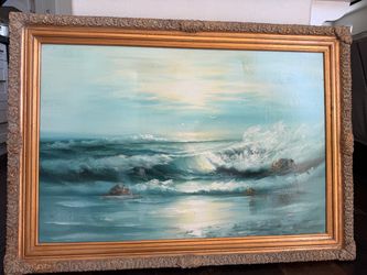 Framed Oil Painting Seascape with Waves 42x30in