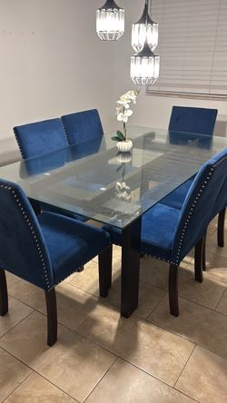 Glass Top Dining Table with 6 Blue Chairs