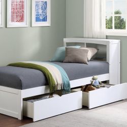 🚚Ask 👉Queen Bed, King Bed, Full Bed, Twin Bed, Mattress, box spring. 

✔️In Stock 👉Galen White Twin Bookcase Bed with Storage Boxes