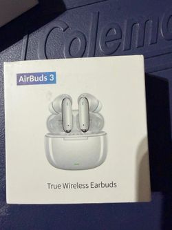New white AirBuds 3 true wireless earbuds. This set includes a charging case and two earbuds.  Brand new