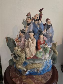 Vintage Wucai Porcelain Myth 8 Celestial  Immortal God Buddha Dragon Statue