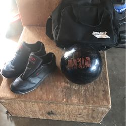 All Like New: Size 10 Black Leather Dexters (bowling Shoes)  Black Candy Coat Maxim Bowling Ball By Ebonite   One Black Lane Hawk Duffle Bag 