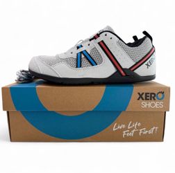 Xero Prio-Lunar Men Athletic Shoes in White with Black, Red & Blue Accents.