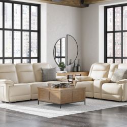 🛋️ Double Deal Power Reclining Sofa & Loveseat Set – Real Leather – Almond – Brand New!