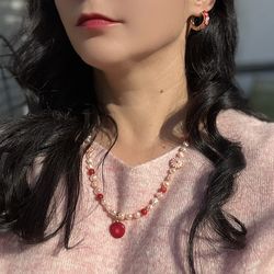 Pink Pearl & Natural Coral Necklace – Floral Charm Design | Perfect Gift for Her