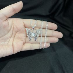 925 Sterling Silver Women Filigree Butterfly Pendant & Mariner Chain