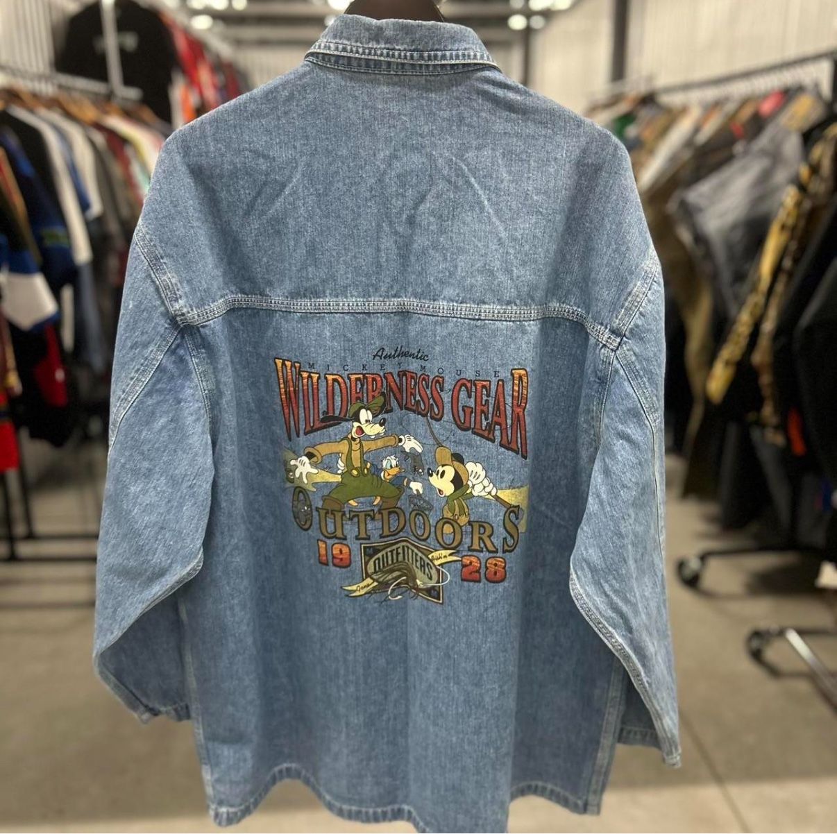 90’s Vintage Disney Chore Denim Wilderness Gear Outdoors Jacket with Goofy and Mickey Mouse Graphic