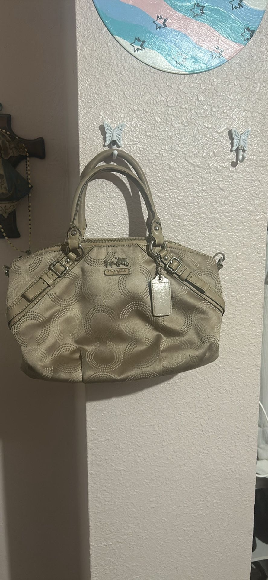 **Authentic**Coach 15935 Madison Dotted OP Art Sophia Satchel Handbag Beige Purse Blue Inside