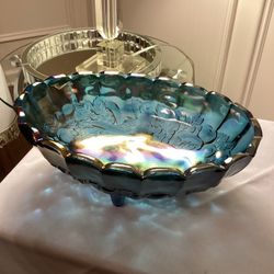 Vintage Indiana Glass iridescent oval harvest grape pattern footed bowl 12”L x 4.5”T x 8.5”W (very faint usage marks in bottom) SEE PHOTOS!!