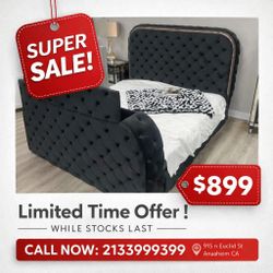 
Black velvet platform queen bed frame with LED fireplace and TV stand