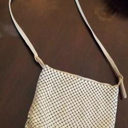 Whiting and Davis Pewter/Beige Mesh Crossbody Purse Women Handbag. 