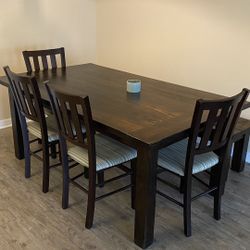 Wooden Table, 4 Chairs and Bench