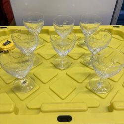 Vintage Lot Of 8 Etched Crystal Wine Glasses With Wheat Design