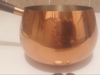 Vintage Copper Metal Cooking Pot with Wooden Handle, 10" Long, and 6" x 4" Pot Size, Kitchen Decor, Shelf Display, Cooking, Thumbnail