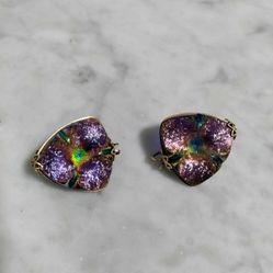 Vintage Purple Flowers Clip Earrings 