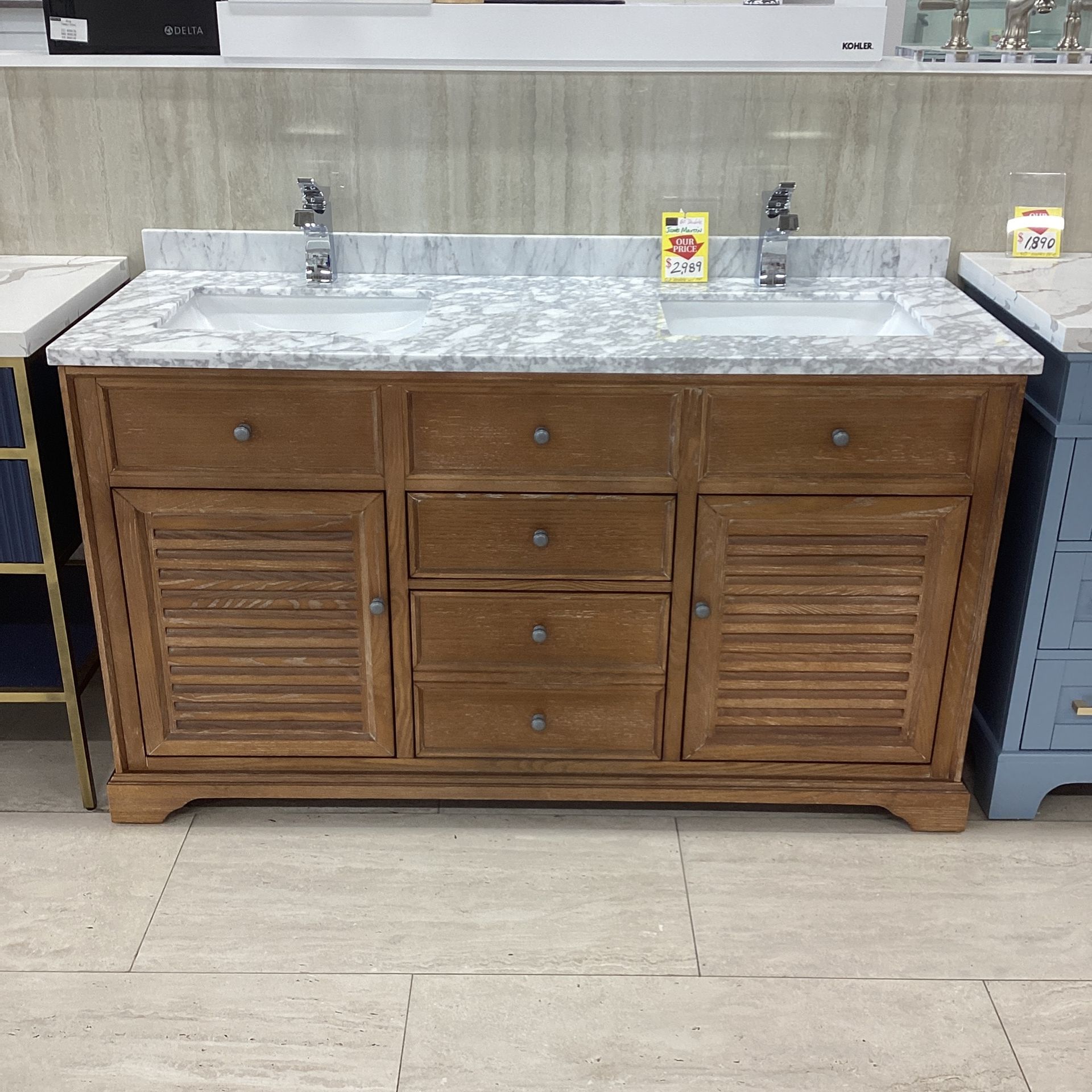 60” Double Sink Bathroom Vanity Solid Wood Marble Countertop Ceramic Sinks Soft Close Cabinets And Drawers
